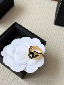 Chanel CC Logo Black Gold Metal Rings