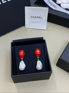 Chanel CC Logo Pearl Drop Earrings Red
