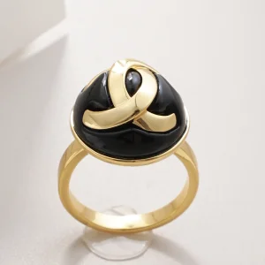 Chanel CC Logo Black Gold Metal Rings