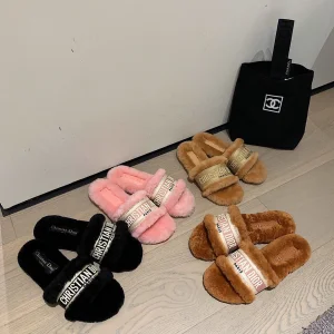 Luxury Womens Shoes Dior Dway Slide Sandal with Fur 35 To 42 A136PP360 AA138886