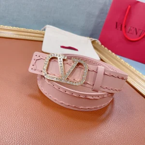 Luxury Womens Belts Valentino Crystals Vlogo Leather Belt in Pink A175PP240 AA159739