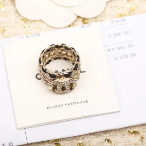 Replica Womens Jewelry Chanel Crystal CC Gold Chain Leather Rings A152PP180 AA185602