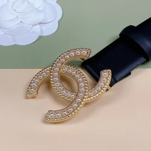 Essenceofluxury Womens Belts Chanel Pearl CC Logo Black Leather Belt 30MM A175PP240 AA191621