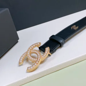 Essenceofluxury Womens Belts Chanel Pearl CC Logo Black Leather Belt 30MM A175PP240 AA191626