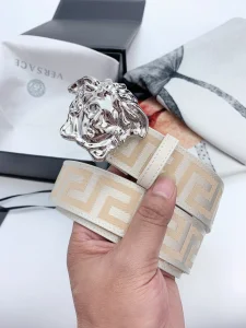 Versace Medusa Buckle Printed Nylon Belt Beige 