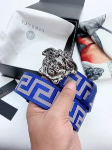 Versace Medusa Buckle Printed Nylon Belt Blue 