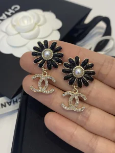 Chanel Crystals CC Logo Black Flower Earrings 