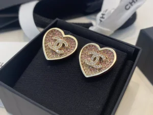Chanel Crystals CC Logo Heart Earrings 