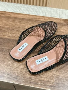 Alaia Black Fishnet Flat Mules