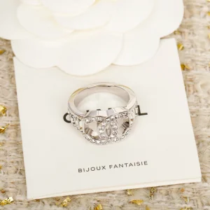 Chanel Crystal CC Logo White Gold Rings