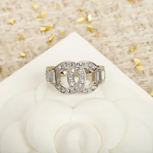 Chanel Crystal CC Logo White Gold Rings